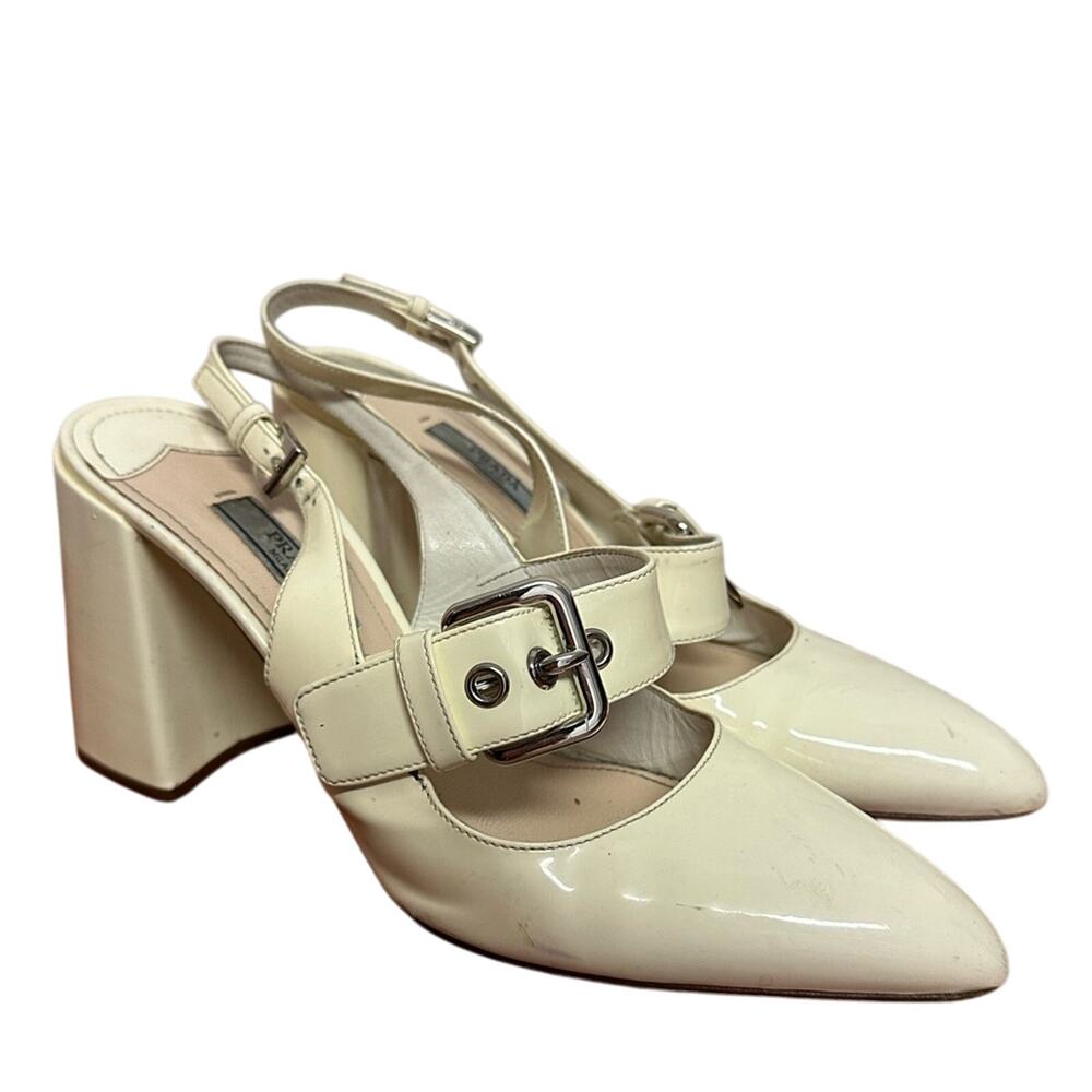 Prada Off White Patent Leather Mary Jane Slingback Block Heel Pumps Size 37.5